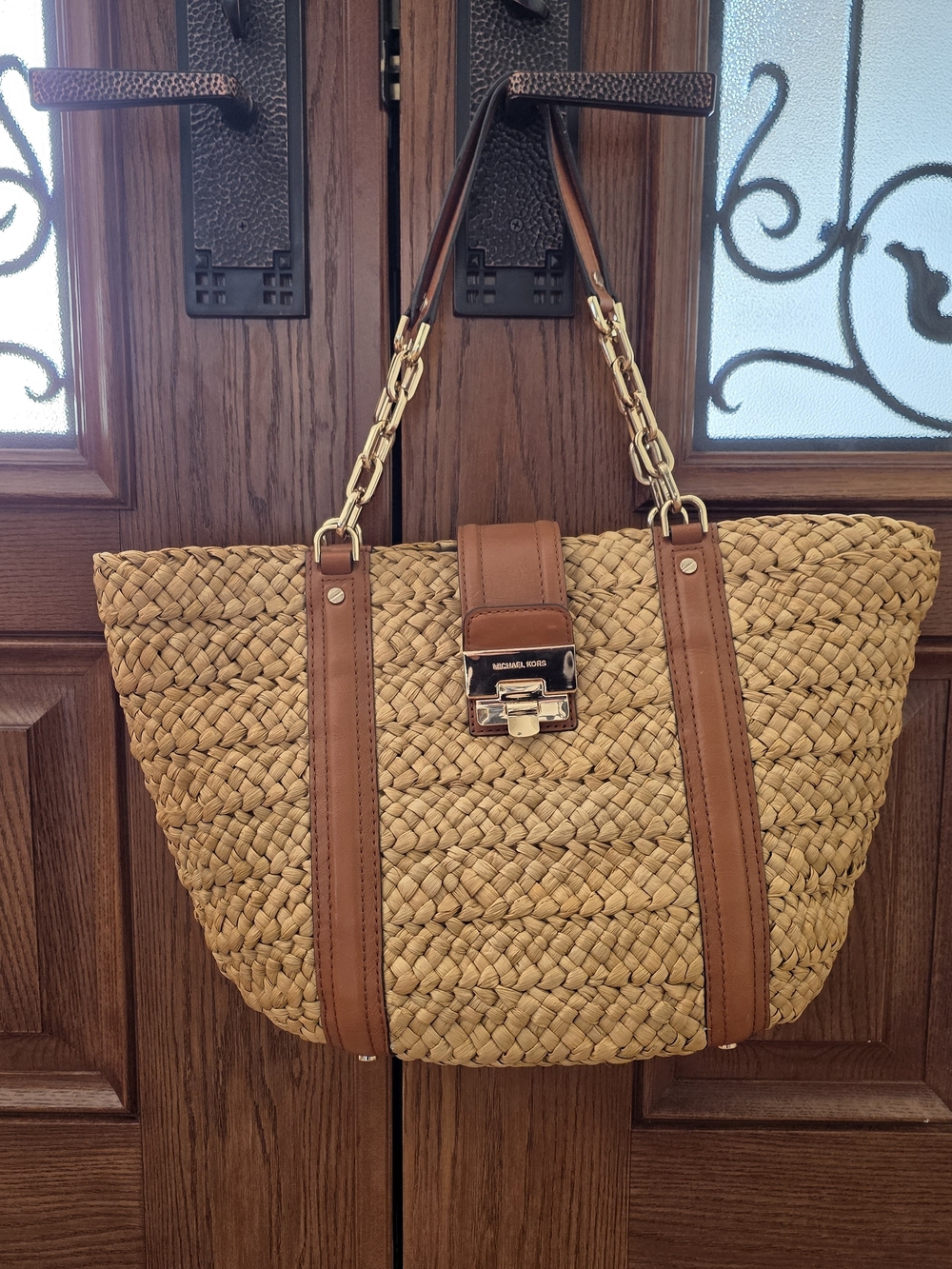 Michael Kors Brown Straw Tote Bag with Gold Hardware